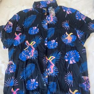 Dutch Bros Hawaiian themed button down shirt